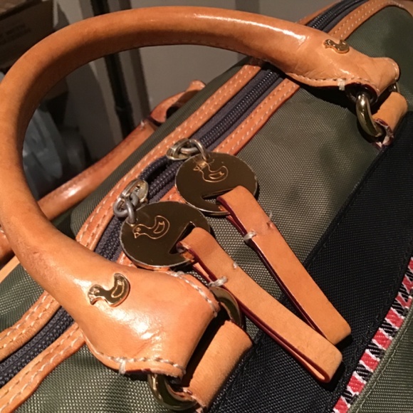 DANZO ‘RETRO KHAKI GREEN NYLON WITH BEIGE VACHETTA HANDLES & TRIMS  BABY BAG - Picture 9 of 16